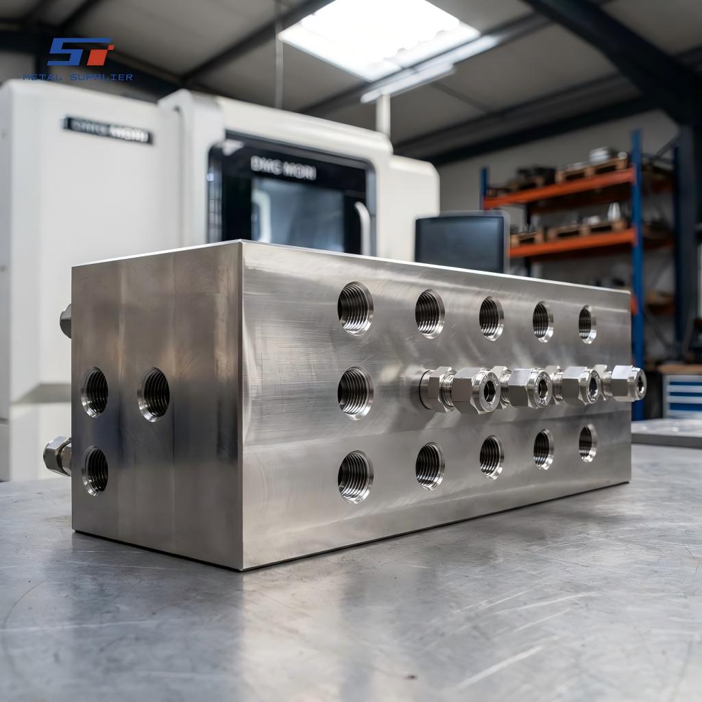 كتلة توزيع متعددة الخطوط مصنوعة من الفولاذ المقاوم للصدأ بتقنية CNC لتوزيع المواد الكيميائية.